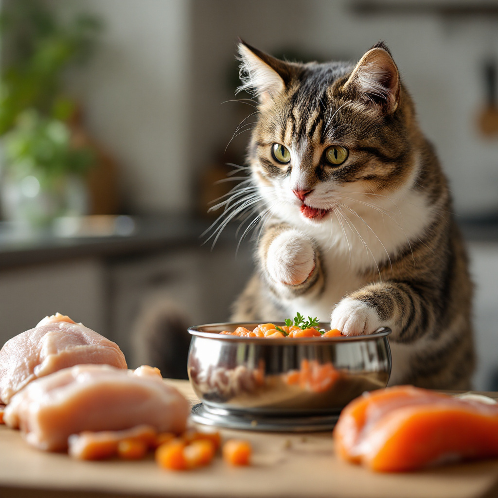 BARF für Katzen Anfänger: Katze frisst frisches rohes Fleisch aus einer Schüssel
