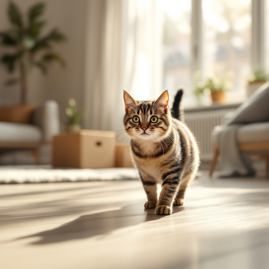 Katze eingewöhnen neue Wohnung: neugierige Katze erkundet vorsichtig ihr neues Zuhause zwischen Umzugskartons