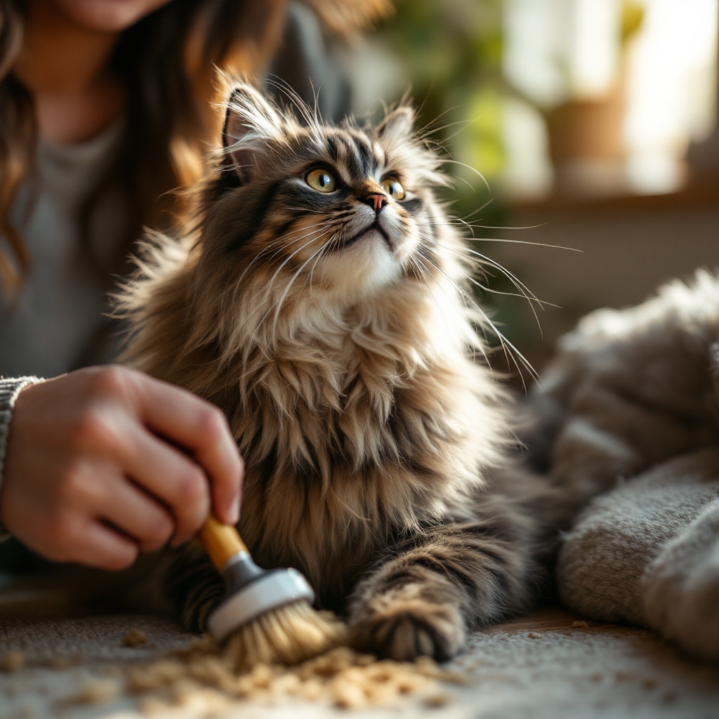 Katze Haaren reduzieren Fellpflege: Person bürstet entspanntes Katzenfell