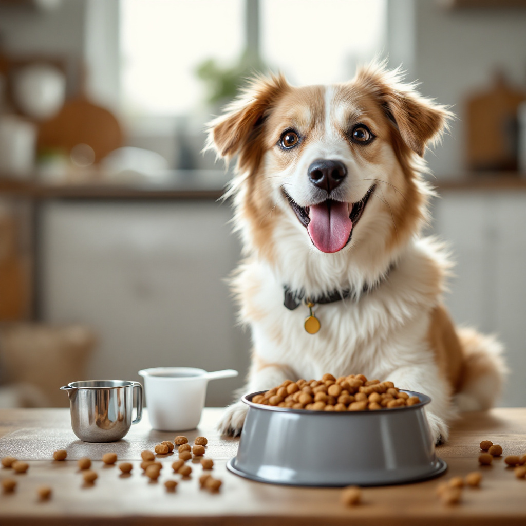 Wie viel Futter braucht ein Hund pro Tag - Hund neben Futternapf mit abgemessener Portion